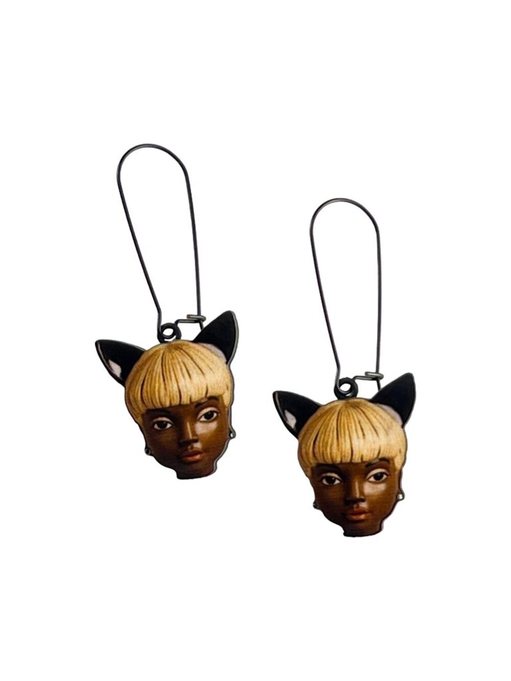 Vintage Doll Face Cat Ear Kitsch Cute Wood Dangle Earrings